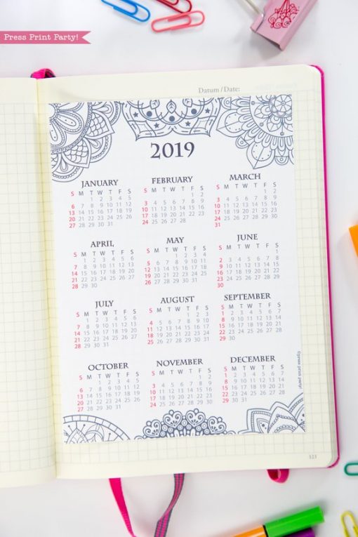 2019 Yearly Calendar Printable, mini at a glance calendar, Mandala coloring. For bullet journals or A5 planners. Press Print Party!
