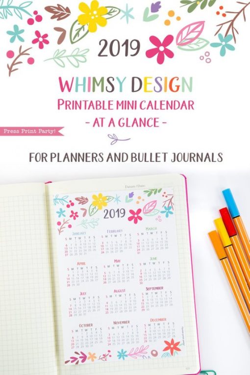 2019 Yearly Printable Calendar, mini at a glance calendar, whimsy designs. For bullet journals or A5 planners. Press Print Party!