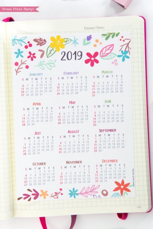 2019 Yearly Printable Calendar, mini at a glance calendar, whimsy designs. For bullet journals or A5 planners. Press Print Party!