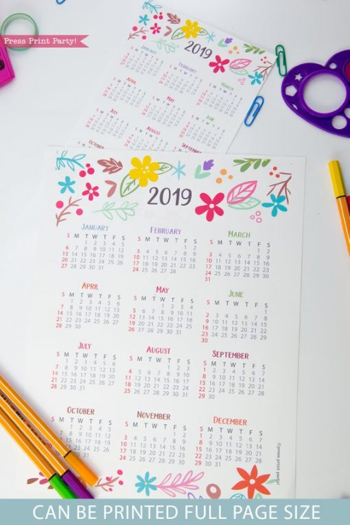 2019 Yearly Printable Calendar, mini at a glance calendar, whimsy designs. For bullet journals or A5 planners. Press Print Party!