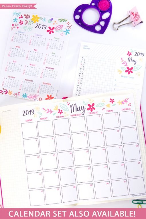 2019 Printable Calendar Set, Monthly Calendar, Daily task tracker, mini at a glance calendar, whimsy designs. For bullet journals or A5 planners. Press Print Party!