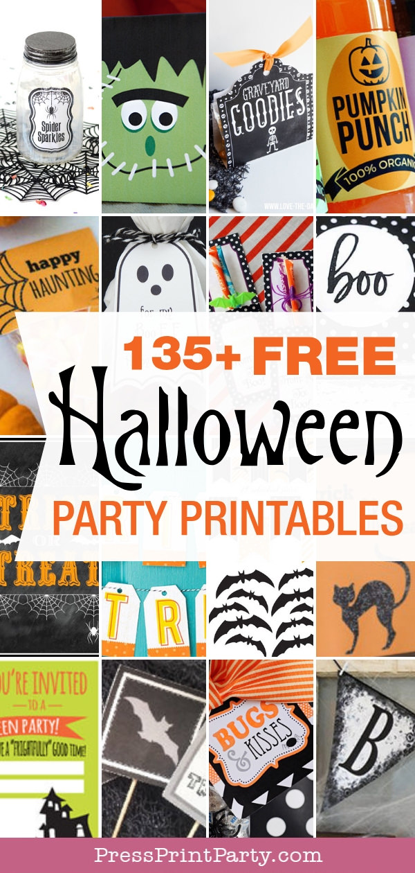 135 + Free Halloween party printables - Press Print Party! Halloween free printables. labels for jars, favor box, water bottle labels, halloween gift tags, tic tacs, banners, free printable Halloween party invitations.