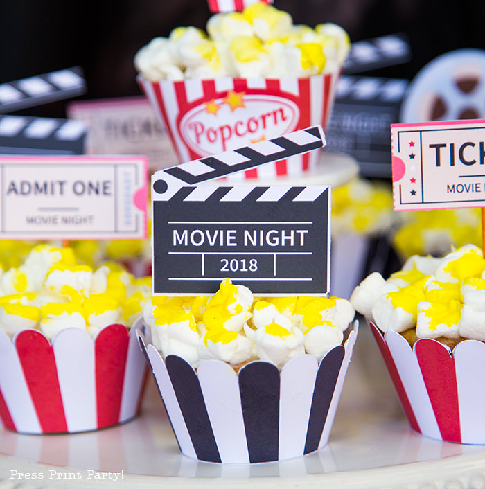 Movie night cupcake with a clapper topper - Press Print Party!