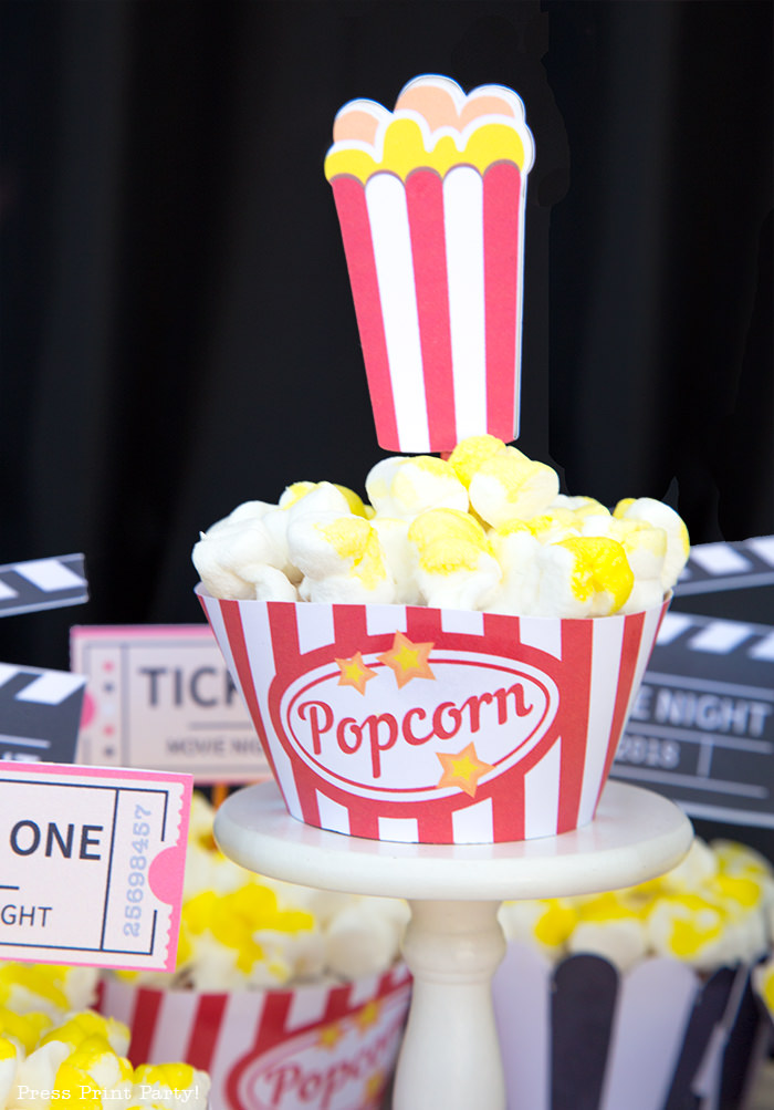 Popcorn cupcake with popcorn wrapper and popcorn box topper. - Press Print Party!