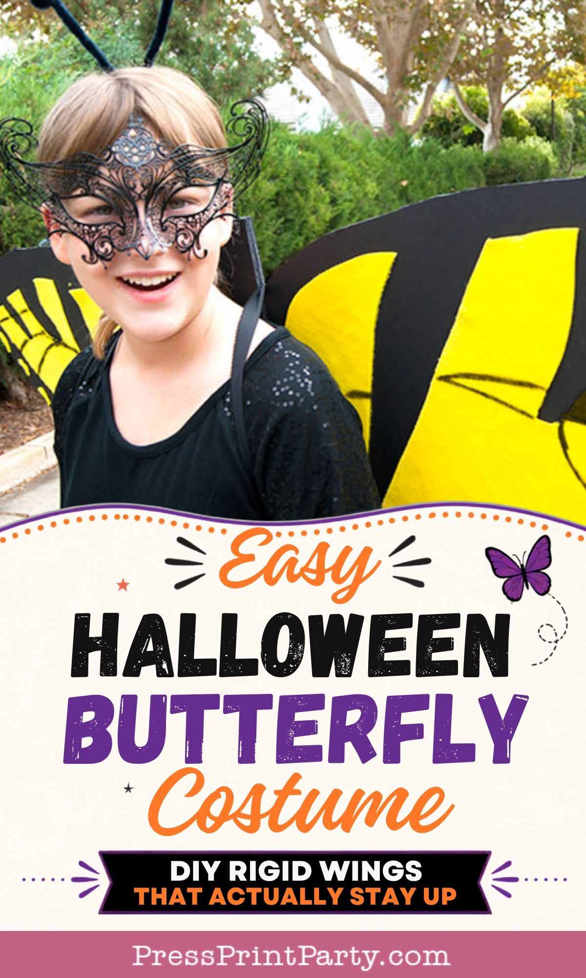 Smiling child in a black butterfly mask and large yellow butterfly wings outdoors. Text on image reads: "Easy Halloween Butterfly Costume. DIY rigid wings that actually stay upβperfect for those who want a unique spin on the classic bat costume.