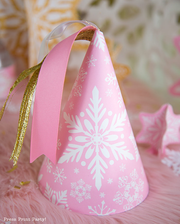 pink and gold winter onderand printable birthday hat with ribbons - Press Print Party!