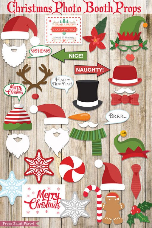 37 Christmas Photo Booth Props Printable with editable sign- Santa Beards, hat, elf hat, snowflakes, candy, gingerbread man, naughty and nice signs, merry christmas sign, etc - Press Print Party!