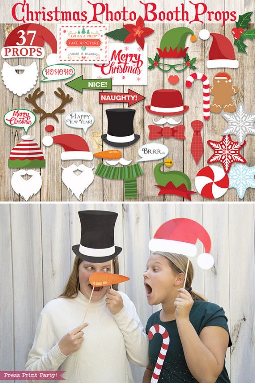 37 Christmas Photo Booth Props Printable with editable sign- Santa Beards, hat, elf hat, snowflakes, candy, gingerbread man, naughty and nice signs, merry christmas sign, etc - Press Print Party!