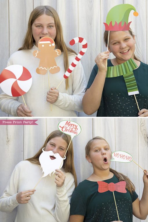 37 Christmas Photo Booth Props Printable with editable sign- Santa Beards, hat, elf hat, snowflakes, candy, gingerbread man, naughty and nice signs, merry christmas sign, etc - Press Print Party!