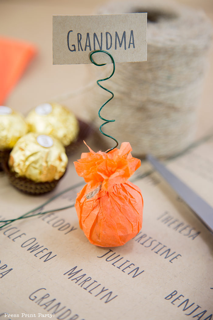 mini pumpkin thanksgiving place card holder craft with free printable card - Press Print Party!