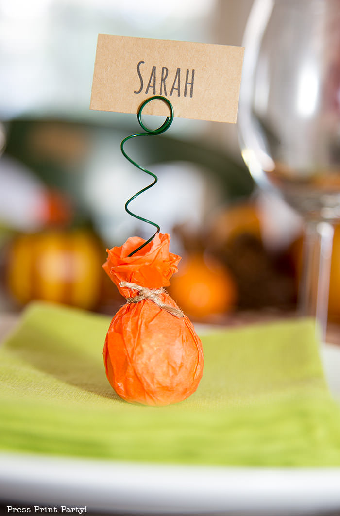 mini pumpkin thanksgiving place card holder craft with free printable card - Press Print Party!