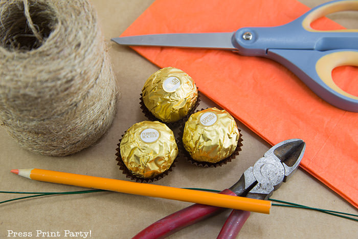 materials used to make the mini pumpkin thanksgving placecard holders. jute - rocher chocolates, orange tissue paper, scissors, wire cutters and floral wire. Press Print Party!