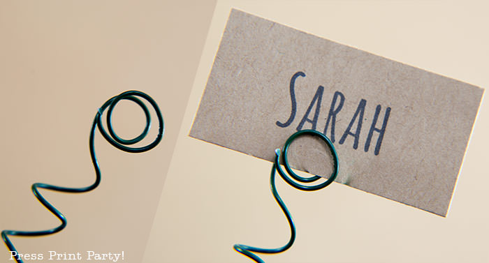 floral wire bent to hold a place card - press print party!