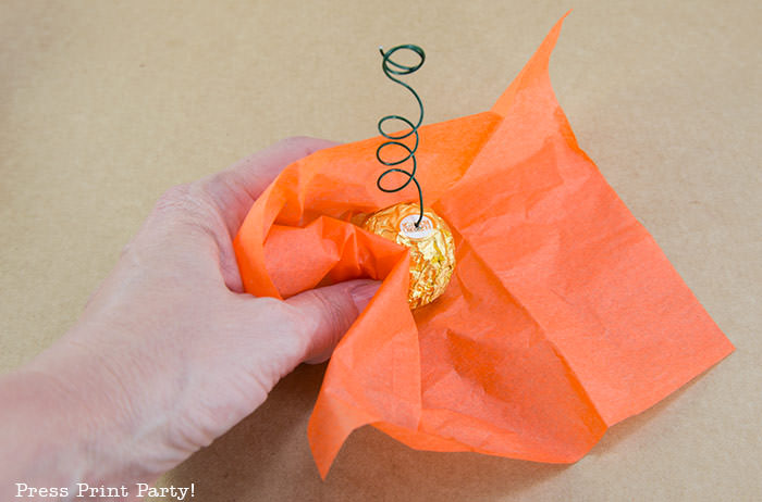 mini pumpkin thanksgiving place card holder craft with free printable card rocher chocolate with orange tissue paper and floral wire- Press Print Party!