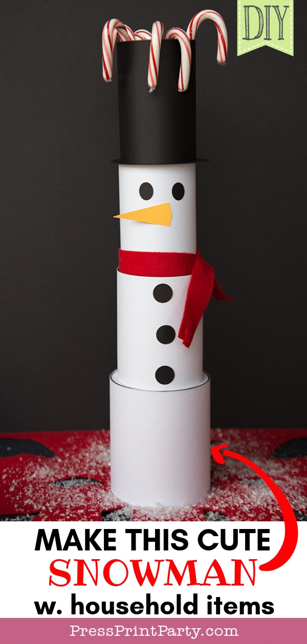 cute Christmas snowman made with cans and felt scarf with black background - Press Print Party!