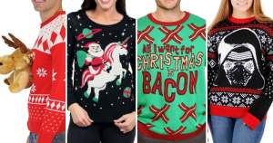 The best places to find your ugly christmas sweater. 4 pictures with a 3D moose sweater, a santa riding a unicorn sweater, a "All I want for Christmas is bacon" sweater and a Star Wars Darth Vader Christmas Sweater - Press Print Party!