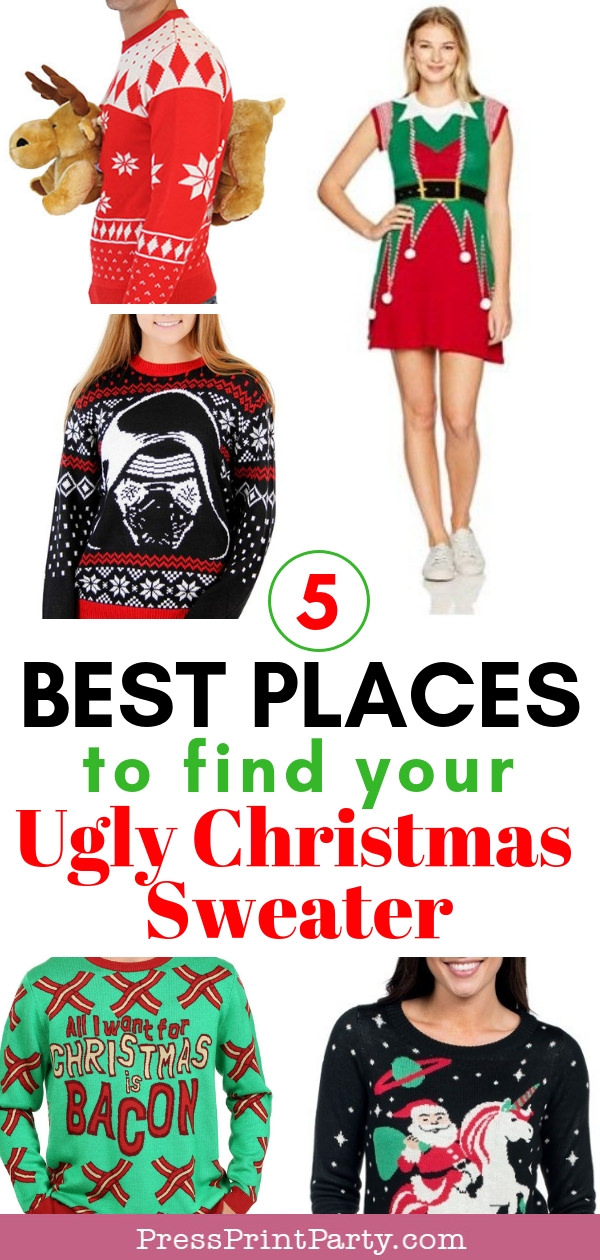 The best places to find your ugly christmas sweater. 4 pictures with a 3D moose sweater, a santa riding a unicorn sweater, a "All I want for Christmas is bacon" sweater and a Star Wars Darth Vader Christmas Sweater and an elf sweater dress - Press Print Party!