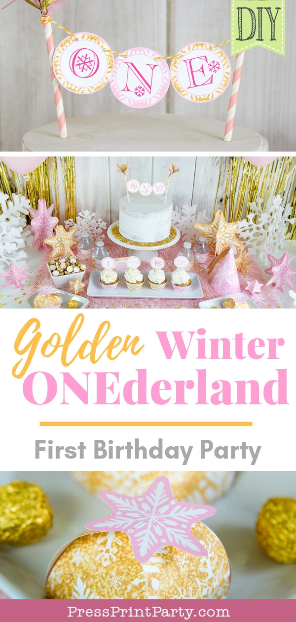 Golden winter onederland first birthday girl party decorations party supplies in pink and gold- Press Print Party!