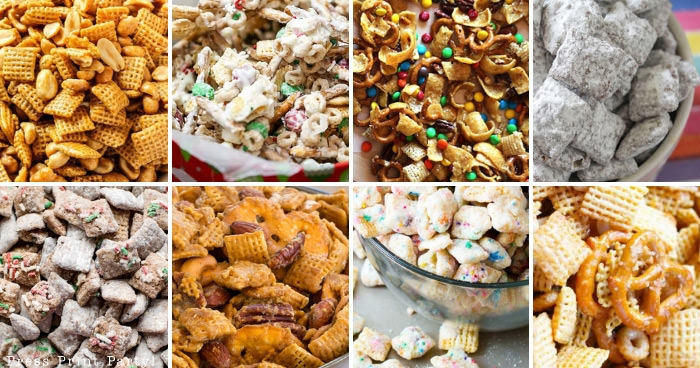 collage of party mix recipes made with Chex cereal