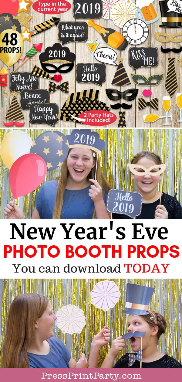 48 New Year's Eve Photo Booth Props Printables with hats, mustaches, masks, balloons, speech bubbles, champagne glass, champagne bottle, noise makers, bow ties and more. Press Print Party!