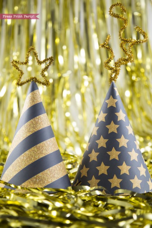 2 printable party hats in black and gold for new years eve party Press Print Party!
