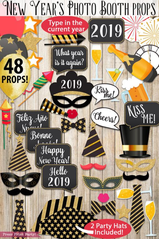 48 New Year's Eve Photo Booth Props Printables with hats, mustaches, masks, balloons, speech bubbles, champagne glass, champagne bottle, noise makers, bow ties and more. Press Print Party!