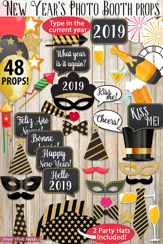 48 New Year's Eve Photo Booth Props Printables with hats, mustaches, masks, balloons, speech bubbles, champagne glass, champagne bottle, noise makers, bow ties and more. Press Print Party!