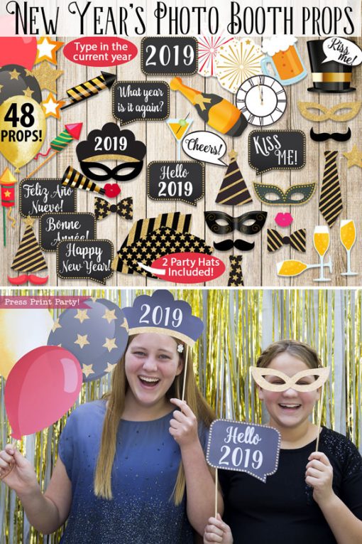 48 New Year's Eve Photo Booth Props Printables with hats, mustaches, masks, balloons, speech bubbles, champagne glass, champagne bottle, noise makers, bow ties and more. Press Print Party!