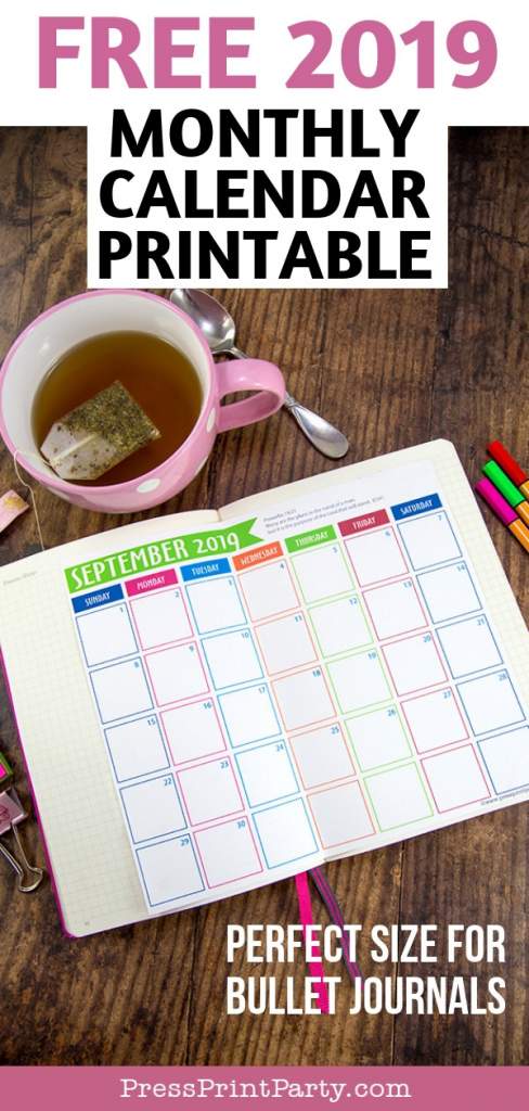 free 2019 monthly printable calendar - Perfect size for bullet journals. Press Print Party!