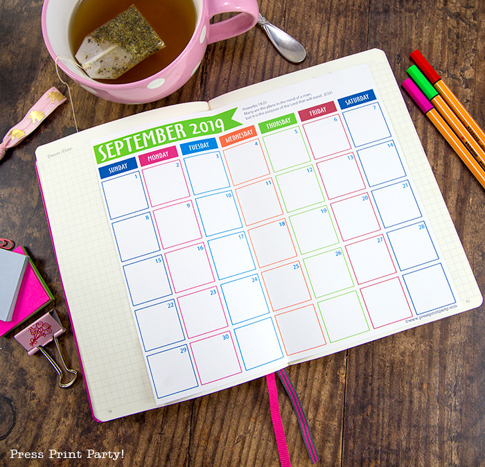 free 2019 printable calendar on wood with tea and pens - Press Print Party!
