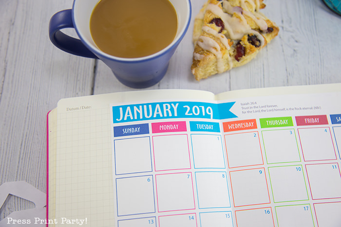 free 2019 printable calendar on wood with coffee and scone - Press Print Party!