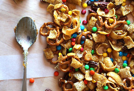 frito snack mix with chexs and m and ms and pretzels