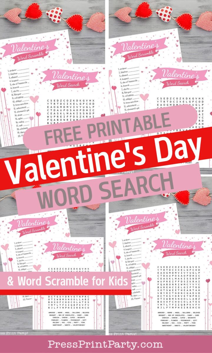 A collage of Valentine's Day-themed word search and word scramble printables for kids, featuring pink and red hearts. Bold text reads "FREE PRINTABLE Valentine's Day Word Search & Word Scramble for Kids." Perfect for holiday fun!.