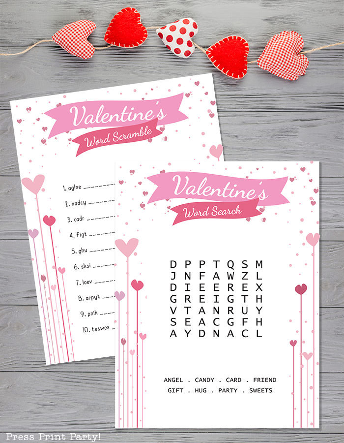 Free Valentine word search and Valentine's day word scramble for kids 2 levels - Valentine's day word search - Press Print Party!.