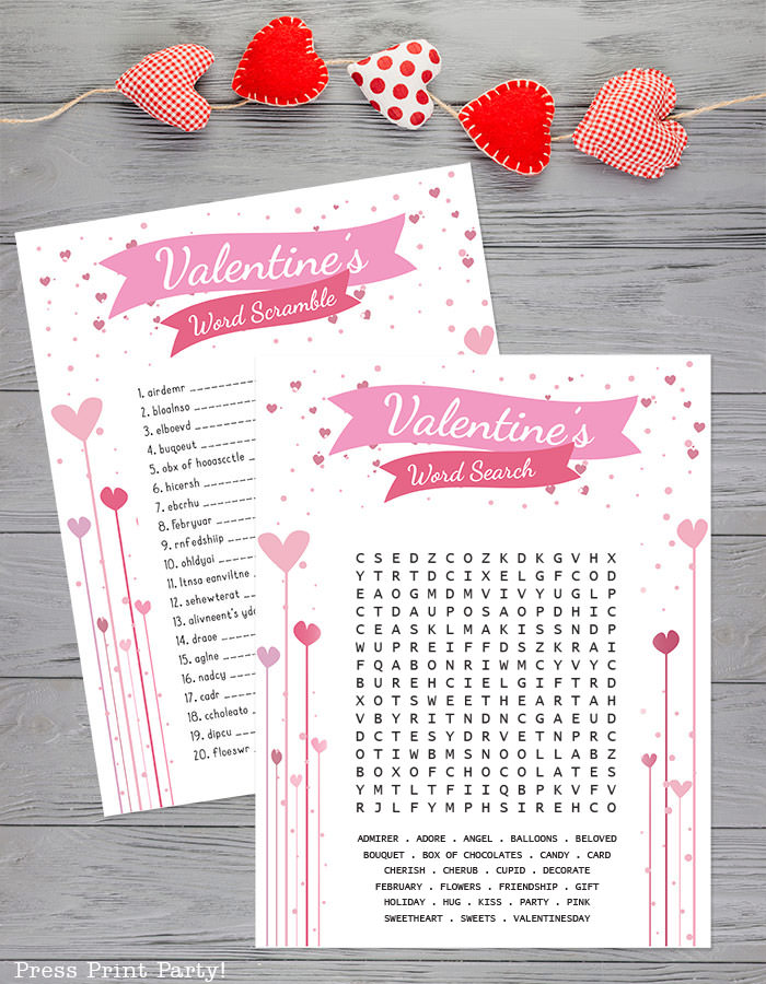 Free Valentine word search and Valentine's day word scramble for kids 2 levels - Valentine's day word search wordsearch - Press Print Party!.
