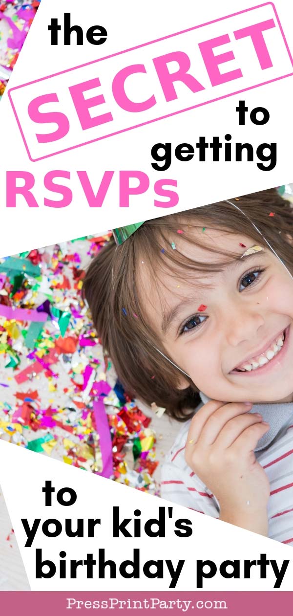 The secret to getting RSVPs to your kid's birthday party - smiling kid with birthday hat - Press Print Party!