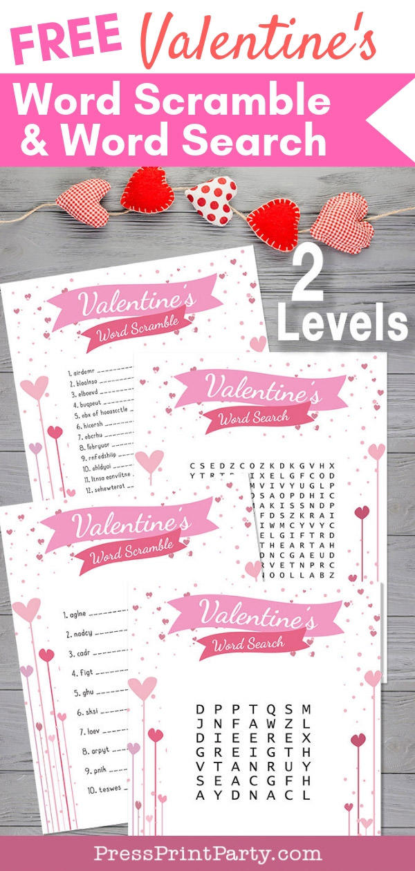 Free Valentine word search and Valentine's day word scramble for kids 2 levels - Press Print Party!.