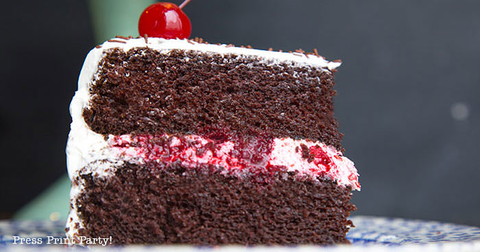 Cut piece of chocolate cake with white frosting and berry filling and a cherry on top - Press Print Party!