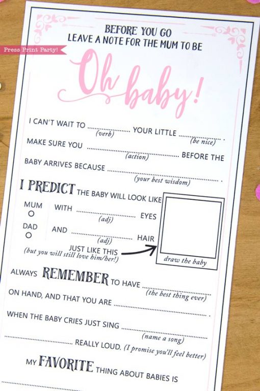 Mum to be Baby Shower MadLibs Advice Card Printable, Mom