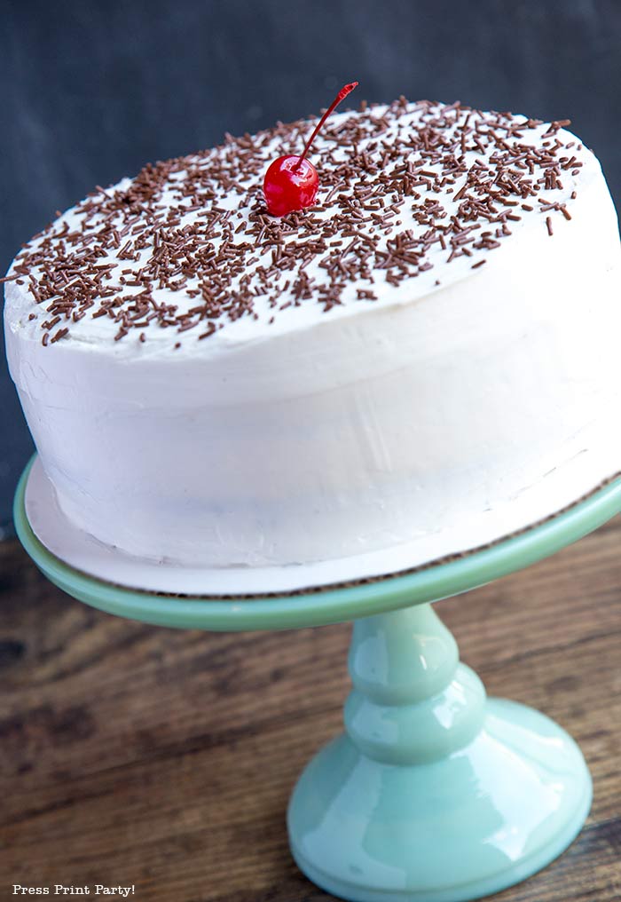 chocolate cake on a pedestal with chocolate sprinkles on top and a cherry in the middle on a green pedestal - Press Print Party!