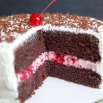 Moist chocolate cake with white frosting and berry filling on a green pedestal with a cherry on top - Press Print Party!
