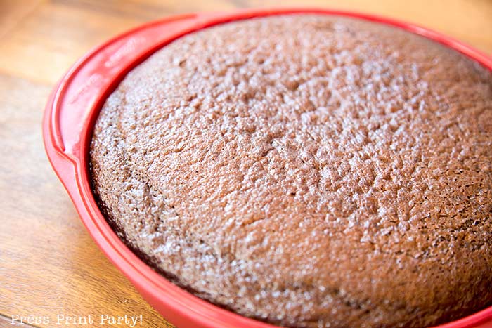 chocolate cake in pan out of the oven