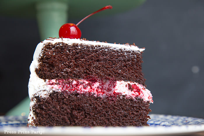 Cut piece of chocolate cake with white frosting and berry filling and a cherry on top - Press Print Party!