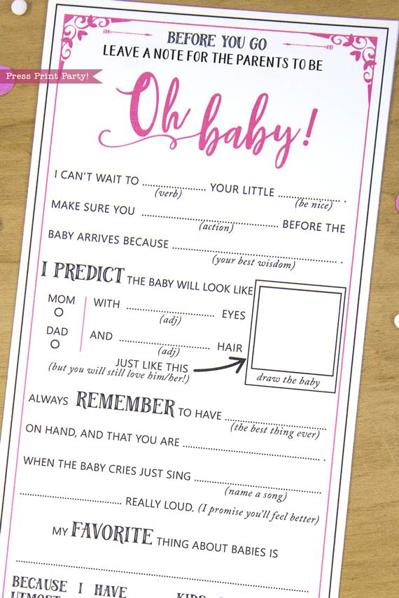Parents to be Baby Shower MadLibs Advice Card Printable, Mom
