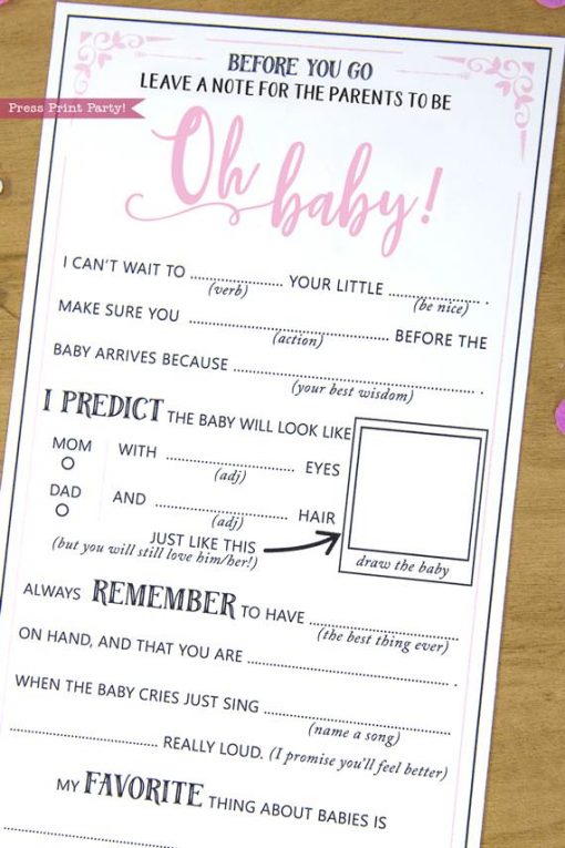 Parents to be Baby Shower MadLibs Advice Card Printable, Mom