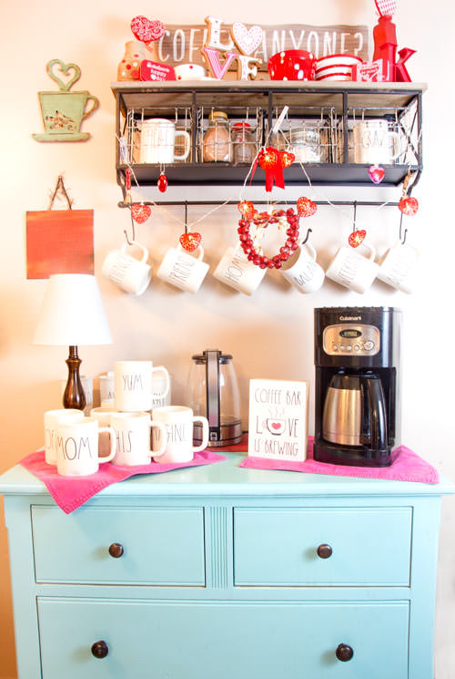 Rae Dunn inspired wooden coffee bar with blue dresser and wooden sign and mom mugs - Love is brewing - Press Print Party!