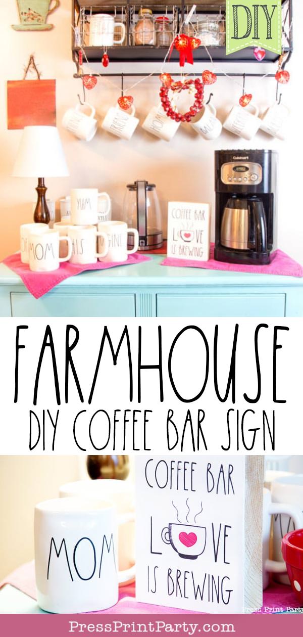 farmhouse diy coffee bar sign Rae Dunn inspired wooden coffee bar with blue dresser and wooden sign and mom mugs - Love is brewing - Press Print Party!