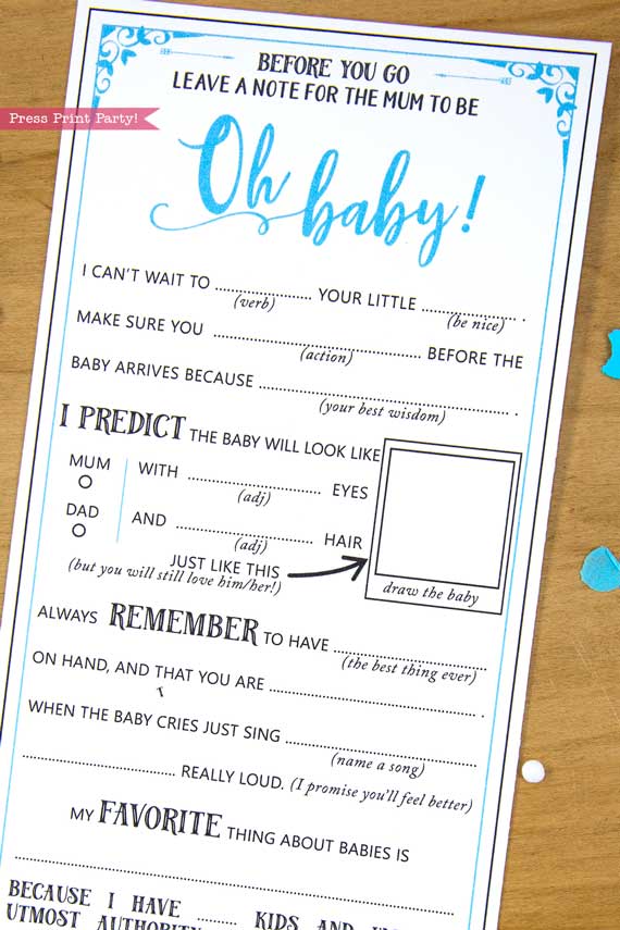 Mum to be Baby Shower MadLibs Advice Card Printable blue