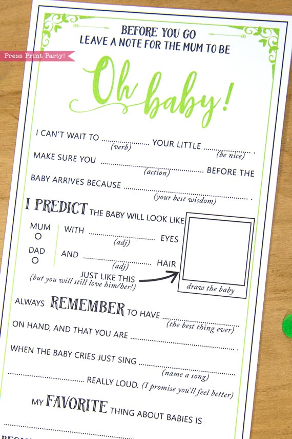 Mum to be Baby Shower MadLibs Advice Card Printable green