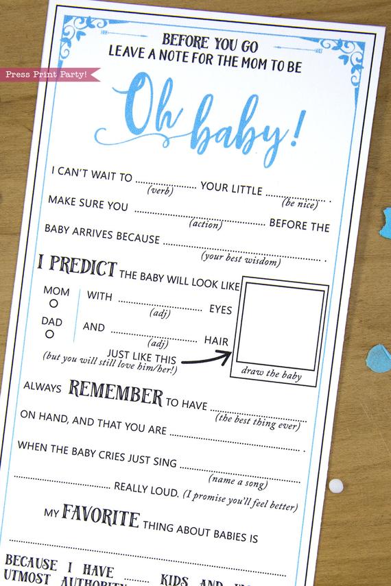 Baby Shower Games Mad Libs Advice Card Blue Press Print Party